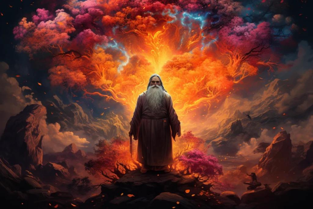 Moses surrounded with burning bushes