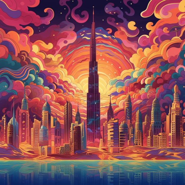 dubai city skyscape psychedelic illustration