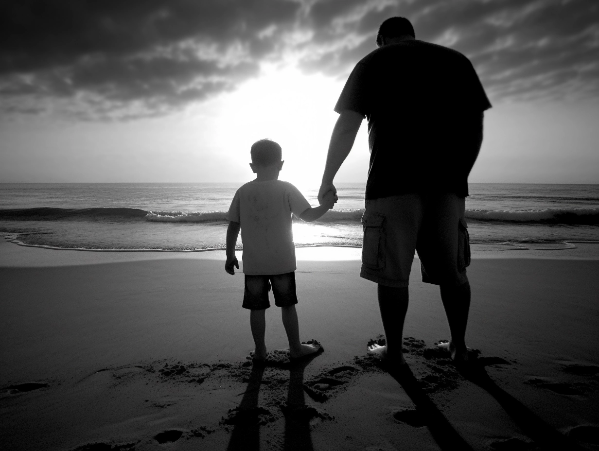 father and son walking on the beach